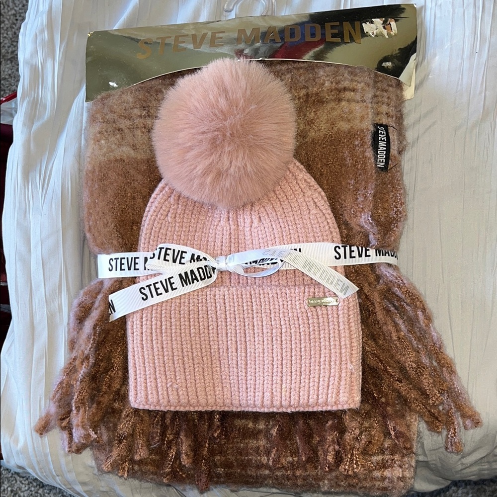 Steve Madden Pink Knit Pom Beanie with Matching Blush Scarf